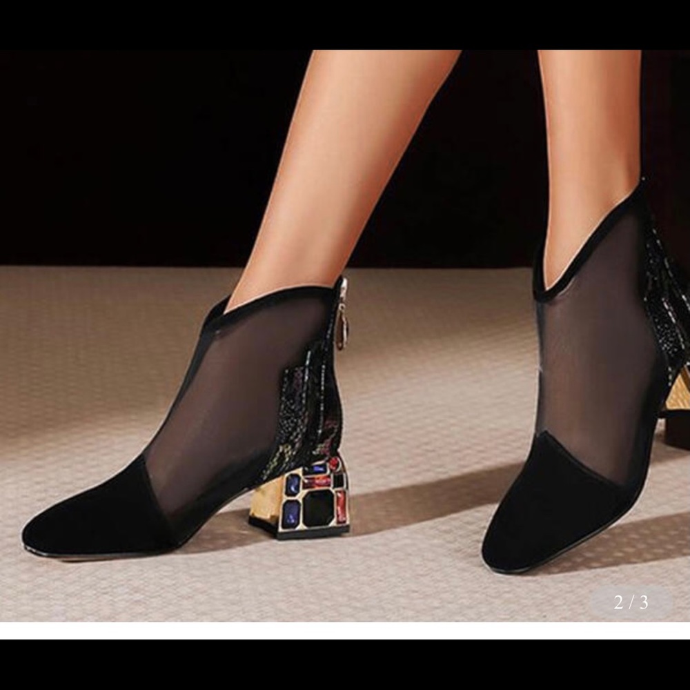 Black jeweled heel bootie